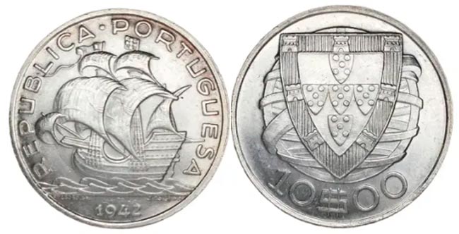 Moeda 10 escudos de 1942 (prata Ag 835)