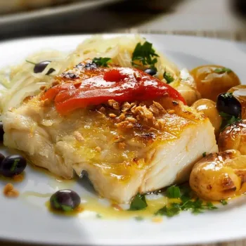 Bacalhau com camarão e batatas a murro
