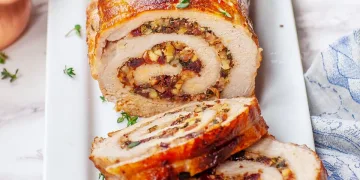 Lombo de porco no forno recheado com maçã e bacon