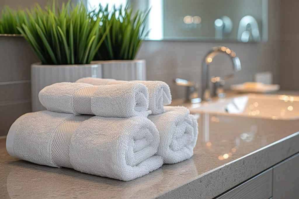 Use cortinas de duche e toalhas absorventes