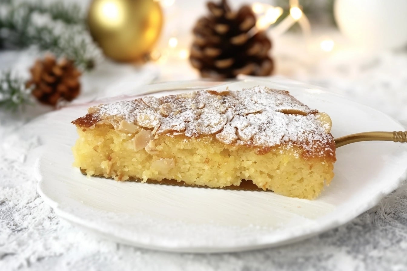 Bolo de requeijão com crocante de amêndoa