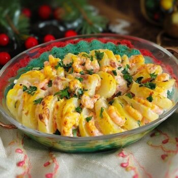 Batatas gratinadas com camarão