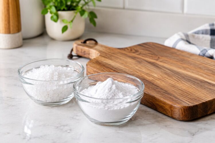 Bicarbonato e sal grosso: o esfoliante caseiro que salva tábuas de madeira manchadas