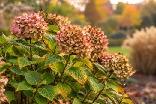 Hortênsias com as flores secas no outono: porque não se devem cortar já e quando podar