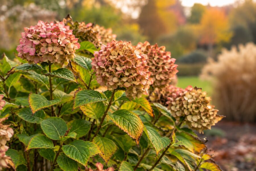 Hortênsias com as flores secas no outono: porque não se devem cortar já e quando podar