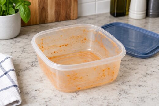Caixas de plástico cor de laranja do molho de tomate: como tirar a mancha sem esfregar