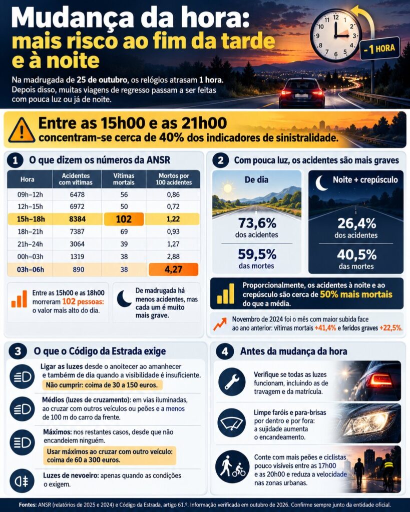 Hora de inverno: as horas do fim do dia em que as estradas somam mais vítimas mortais