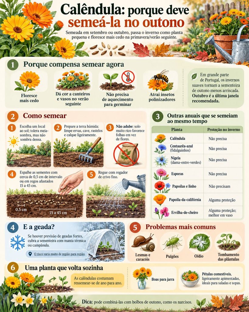 Calêndulas semeadas em outubro: porque florescem mais cedo do que as semeadas na primavera