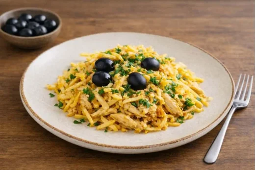 Frango à Brás: o frango desfiado, a batata palha e os ovos que se tiram do lume ainda cremosos