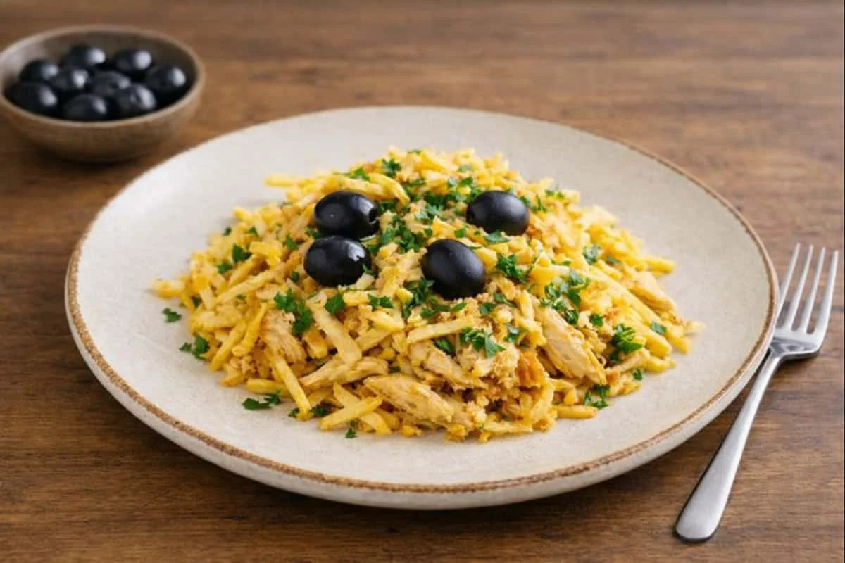 Frango à Brás: o frango desfiado, a batata palha e os ovos que se tiram do lume ainda cremosos